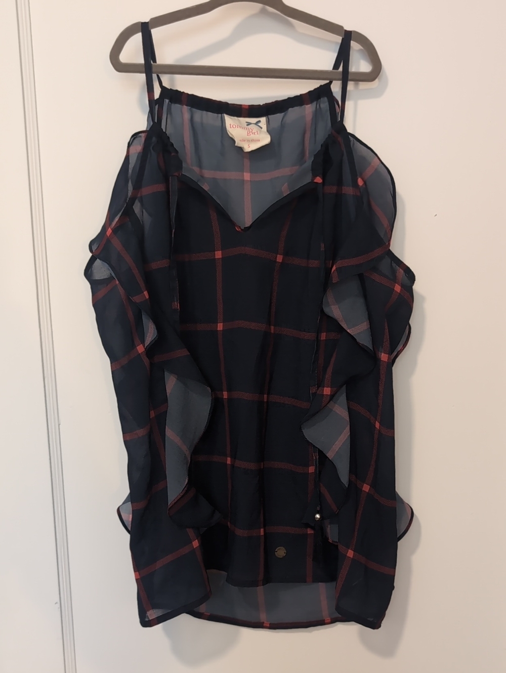 Tommy Hilfiger Sheer Navy and Red Plaid Ruffle Cold-Shoulder Camisole
